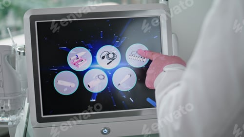Preview: Cosmetologist hand adjusting laser lifting device close up. Hand touching screen