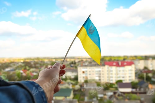 Preview: Ukraine flag. Large national symbol fluttering in blue sky. Support and help Ukraine, Independence C