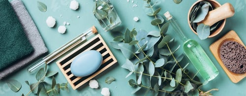 Preview: Soap, eucalyptus, towels, massage brush, salt, aroma oil and other spa objects on green background
