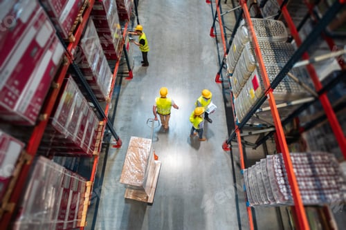 Preview: Working in warehouse group of workers with laptop, pallet truck and scanner