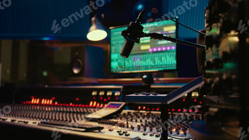 Preview: Music recording studio control room with pre amp knobs used for volume level