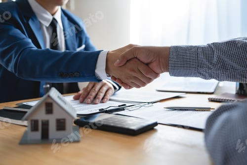 Preview: Young businessman and financial representative shaking hands after a budget deal for business expans