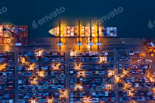 Preview: container cargo ship in the export and import business and logistics. Shipping to the harbor