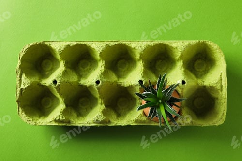 Preview: Plant growing in egg shell in egg box on green background