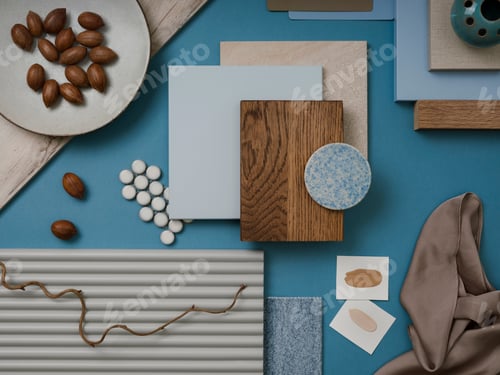 Preview: Elegant flat lay composition in blue, brown and beige color palette with textile and paint samples
