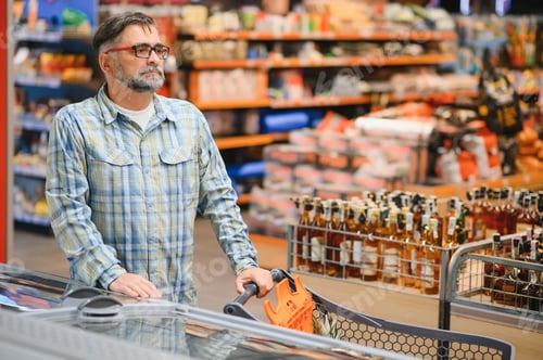 Preview: Mature man pushing a shopping cart at the supermarket, he is buying groceries