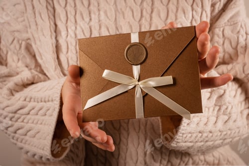 Preview: handmade invitation envelope with wax seal on hands. Gift Certificate. Gift Voucher or discount