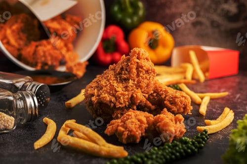 Preview: Close-up of fried chicken pieces, french fries, and seasoning with a bucket in the backdrop