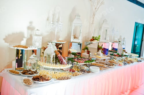 Preview: Wedding reception. Table of cheese, meat and peanuts