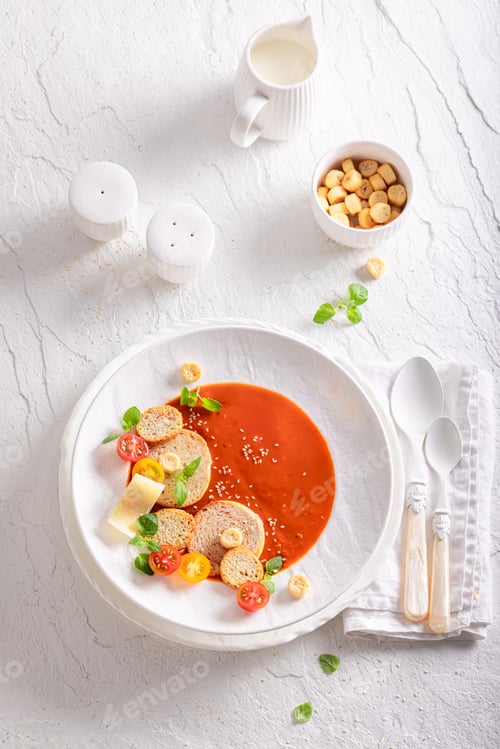 Preview: Exquisite tomato soup decorated with crostini, herbs and spices.