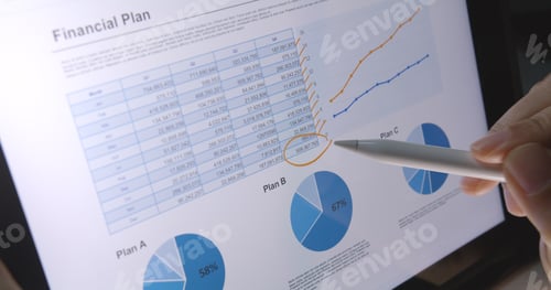 Preview: Close-up hand use pen write check growth data number on touch screen