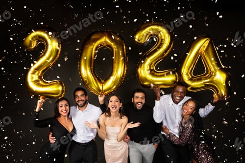Preview: Happy multiracial men and women celebrating new year 2024 on black
