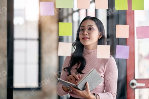 Preview: Business planning with share idea concept, Businesswoman reading