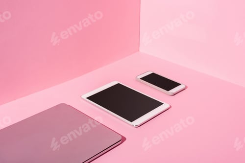 Preview: Modern Gadgets With Blank Screens on Pink Background