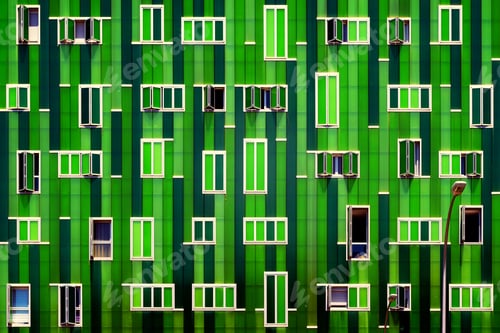 Preview: Creative happy bright green building with white windows of different shapes and sizes