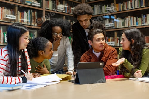 Preview: Diverse students collaborating in library studying project