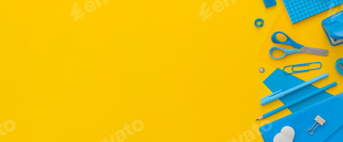 Preview: School stationery on a yellow background. Top view with copy space. Back to school concept.