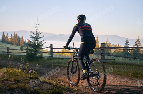 Preview: Smiling young man riding bicycle on mountain road.