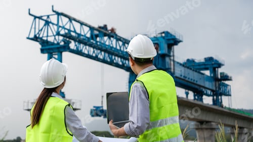 Preview: Two construction workers are standing next to a large crane