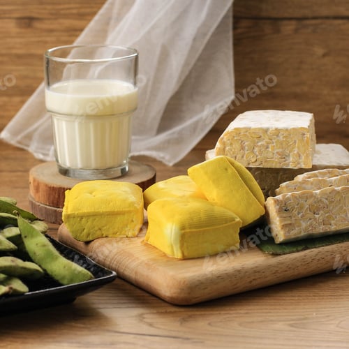 Preview: Soy Product: Raw Tofu, Tempeh, Soy Milk, Soy Sauce, and Soy Bean. Concept of Healthy Vegetarian Food