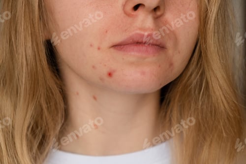 Preview: Unrecognizable woman showing her acne on face. Close-up acne on woman's face with rash skin ,scar