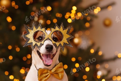 Preview: Dog in party glasses celebrating birthday or New year.