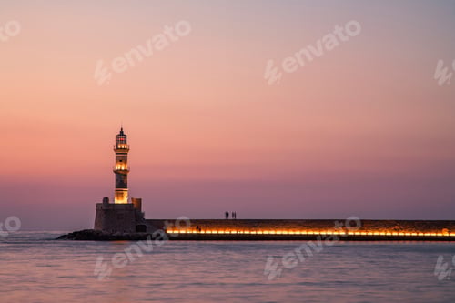 Preview: Silhouetted harbor walls of Chania after sunset, Crete, Greece