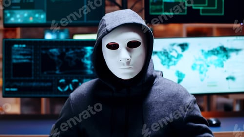 Preview: Zoom in shot cyber criminal wearing a white mask