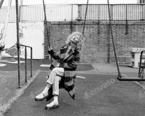 Preview: Nostalgic monochrome portrait of woman sitting on swing.