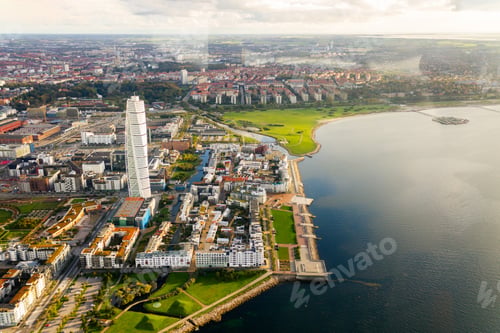 Preview: Aerial view of Turning Torso residential skyscraper in Malmo city