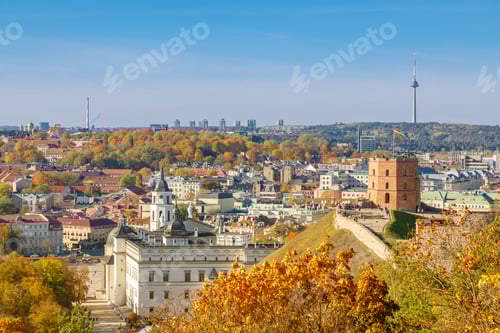 Preview: View of Vilnius with Gediminas castle and cathedral during autumn in Lithuania