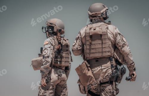 Preview: Amazing shot of two soldiers on a grey sky background