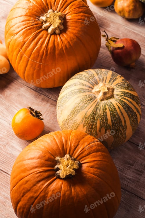 Preview: Autumn moody rustic background with pumpkins