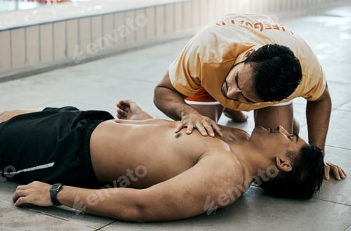 Preview: Cpr, first aid and healthcare with people at swimming pool for rescue, emergency and safety. Parame