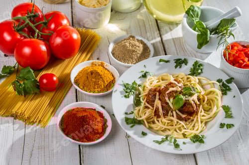 Preview: Ingredients and fresh vegetables to spaghetti