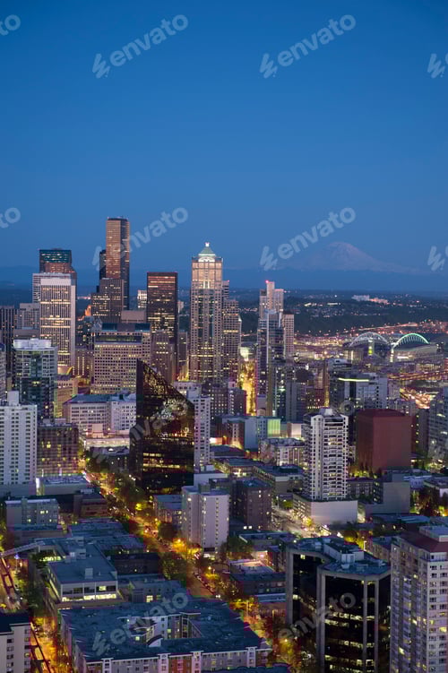 Preview: 54832,Aerial view of Seattle skyline lit up at night, Washington, United States