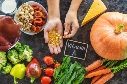 Preview: Products containing vitamin A. Selective focus.