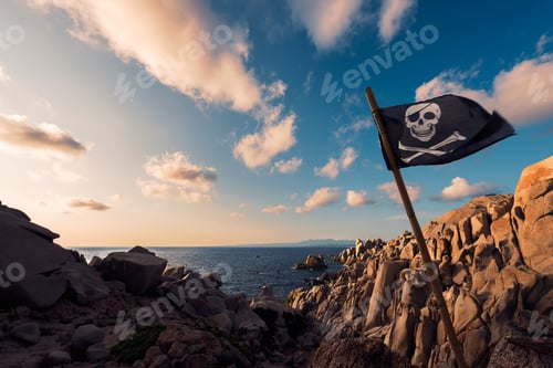 Preview: coastal landscape of rocks with jolly roger flag