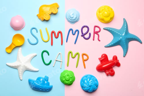 Preview: Flat lay composition with text SUMMER CAMP made of modelling clay on color background