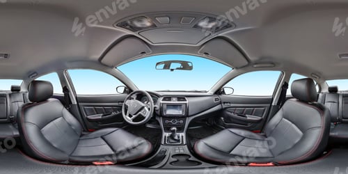 Preview: 360 angle panorama view in interior salon of prestige modern car equirectangular spherical panorama.