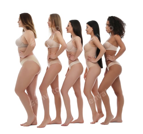 Preview: Group of women with different body types in underwear on white background