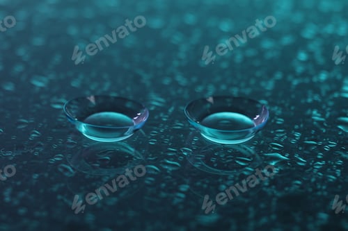Preview: Pair of contact lenses and water drops on teal mirror surface, closeup