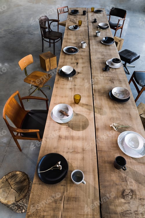 Preview: 43a1622Elegant rustic wooden dining table. Stylish top view composition of tableware and porcelain.