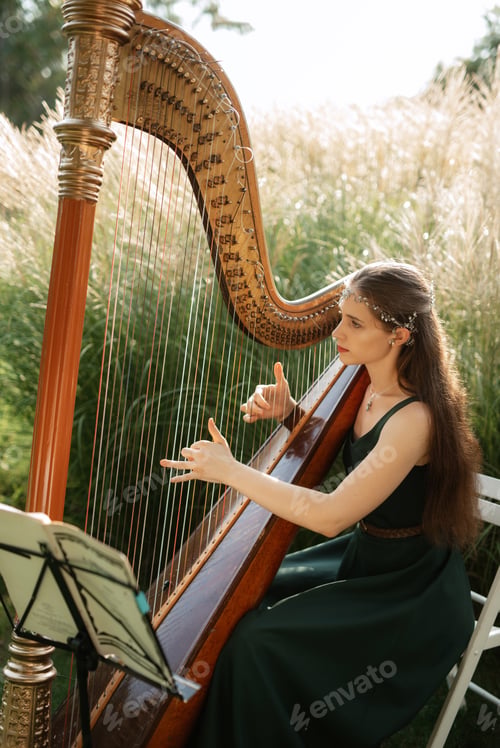 Preview: harpist playing an old harp
