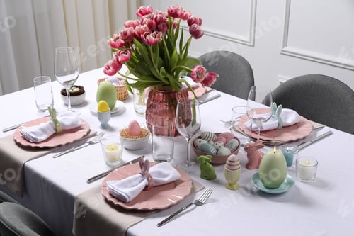 Preview: Festive table setting with beautiful flowers. Easter celebration
