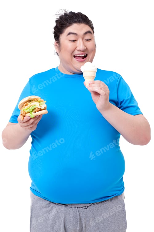 Preview: Greedy Chubby man eating burger and ice cream
