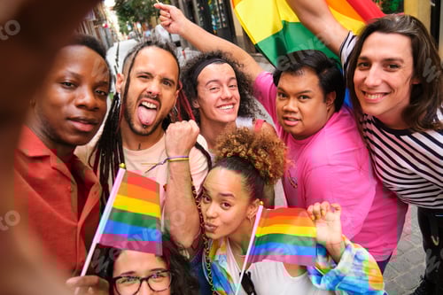 Preview: A group of LGBTQ people holding rainbow flags and smiling for a selfie.