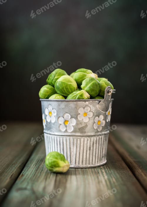Preview: Fresh Brussels sprouts in metal bucket