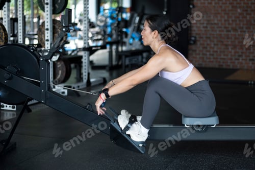 Preview: Sport woman wearing a sports bra concentrating on her exercise routine. The gym environment includes