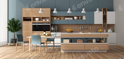 Preview: Modern kitchen with island and dining table
